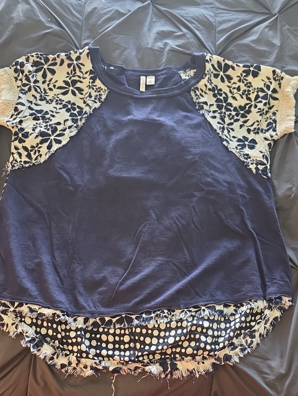 Cato Navy Blue Short Sleeve Top with Cream Floral Raglan Sleeves